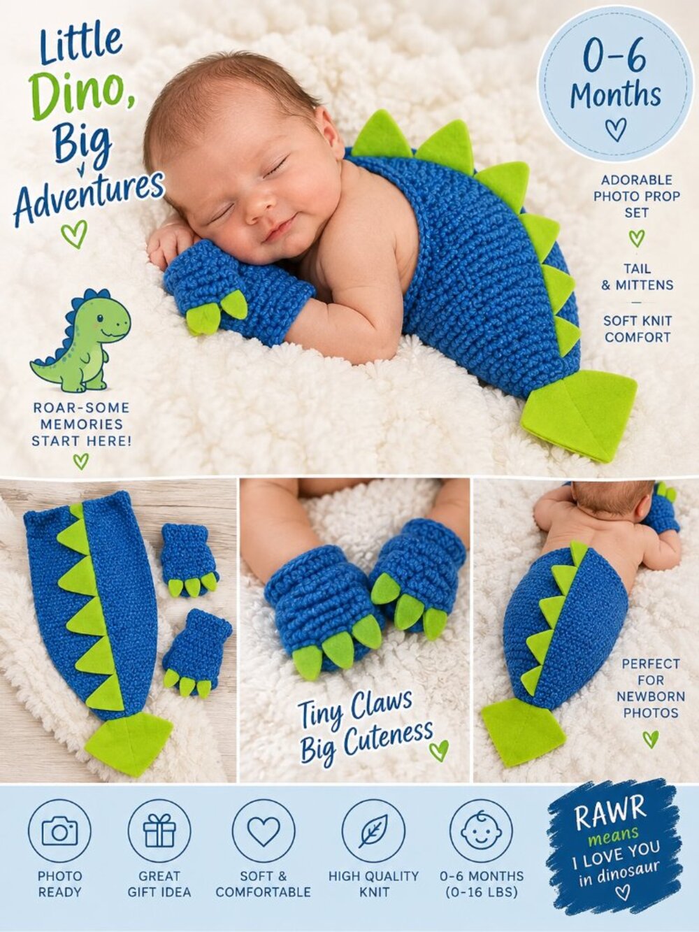Baby Dinosaur Photo Prop 0-6M Crochet Dino Tail Mittens Newborn Costume NWT